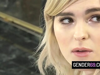 Beautiful tranny teen Jean Hollywood fucks with her perv boss on the couch