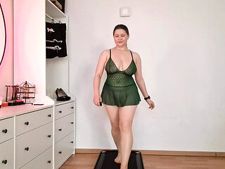 Treadmill Lingerie Tease - Walking in Cute Home Outfits with Bounce & Jiggling