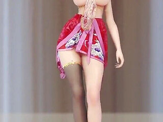 Chocolate Cream Cheongsam; Black Stockings; Red-soled High Heels