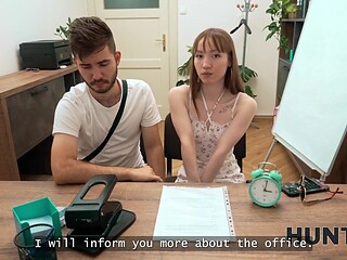 Shaved European girlfriend cheats on her boyfriend at a job interview
