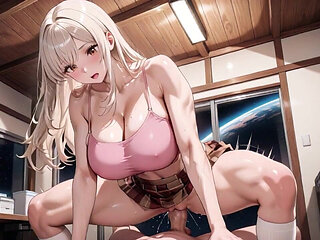 Explosive Hentai Home Office Session - Silver-haired Big Tits Dripping Madness