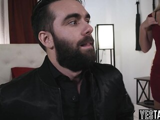 Curvy MILF dominates with big dick stud in bondage