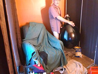 Stepdad gets off solo while teasing a big round balloon and aims to pop it
