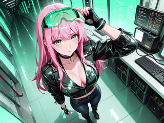 Pink-Haired Leather Tech! Private vibes in a neon-lit cyber corridor.