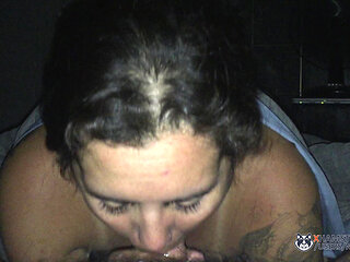 Lorie Cree sucking off Elroy Pek and she swallows his cum.