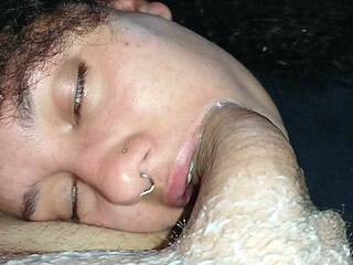Smearing a slut's greedy mouth with lots of cum.