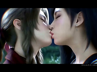 Tifa Lockhard x Aerith Lesbian kissing (Final Fantasy VII/ AI generated)