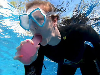 Wetsuit Underwater Dildo Blowjob - Neoprene Masked Suck Slut