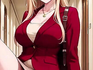 Red Suit Blonde; From Supermarket Stroll to Lazy Orgasm, She Even Puts Her Legs up on the Desk?
