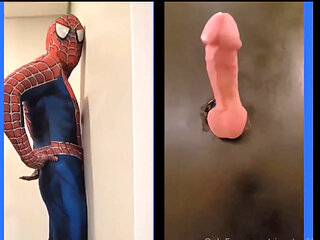Spiderman Encounters a Glory Hole with his Big Cock and Big Cumshots for the Glory Hole