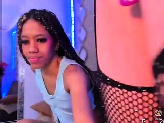 Solo ladyboy in stockings masturbating