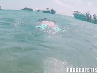 Free Diving Fins Under Open Sea Sexy Latina Goddess