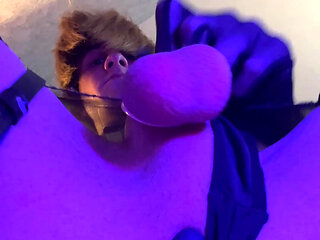 Twink Femboy In Leather Harness and Ripped Pantyhose Facesitting with Vibrating Anal Plug while in Chastity Cage
