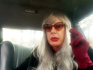 SILVER HAIRED GRANNY RUTHIE TS LOVES SMOKING HER MORE 120 MENTHOLS IN HER CAR