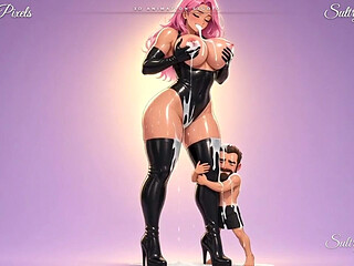 Pink-haired Anime Latex Giantess Squeezes Milk From Her Huge Tits as a Tiny Man Hugs Her Boot