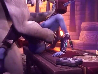 Werewolf fucks Night Elf on a table