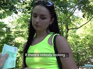 Hot skinny brunette is offered a large sum of mony for a short outdoor sex session