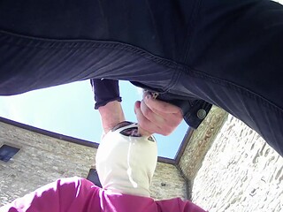 Pink outfit-clad Laura gives deepthroat blowjob in outdoor masked oral creampie scene