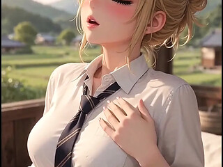 Blonde anime GF gets off on the terrace