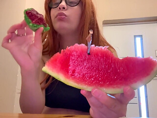 Giantess Stepsister Eats Watermelon and Tiny Stepbrother Watches Her Eat Watermelon Deliciously Then Giantess Stepsister
