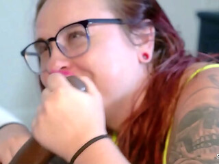 Curvy Redhead Bitch with Glasses get Interracial Amateur Creampie Sex after Rimming his Ass