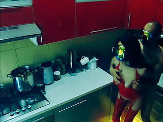 Beautiful Slender Wife in Erotic Bodysuit Fucked in the Kitchen in All Positions