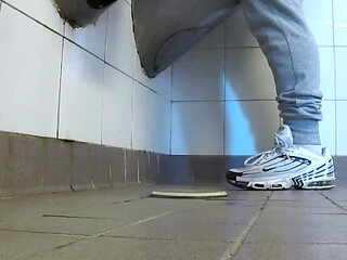 Amateur Boys in Sneakers Wank and Try Handjob in Public Toilets' Urinal