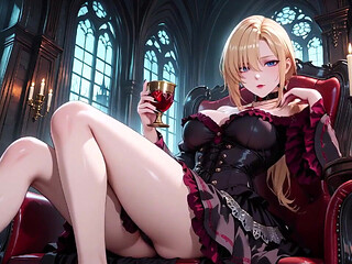 Blonde in a Black Gown Swaying on Red Velvet, Candlelight Gaze and Fan Teasing the Collarbone