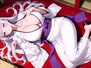 Ai- Silver-Haired Miko Shrine Secrets! Half-unbuttoned white kimono, kneeling poses and intense eye contact.