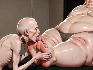 Thin Slave Boy Licking Huge SSBBW Mistress Soft Feet