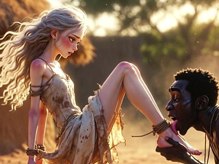 White Woman in Bondage - African Man Passionate Foot Licking