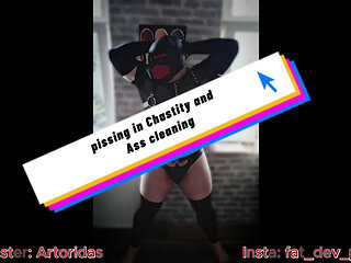 Peeing in the chastity belt and rinsing the butt