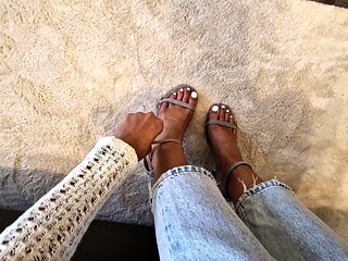 Light femdom and foot fetish play with brunette