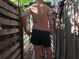 Voyeur 4K Outdoor Shower Chubby Girl Big Tits & Huge Cock Couple Amateur