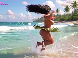 Exotic hula beauty on all fours, tribal men watching her curves (AI Generated)