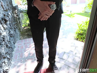 Tiny blonde beauty sucks a tall stud's dick