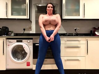 Busty curly brunette with big boobs fucks on couch