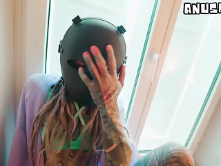 Tattooed masked hottie gets railed in the ass, cum dripping from her messy pussy