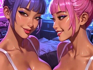 Cyberpunk Lesbians Tongue and Kiss Fetish, Ai Animation