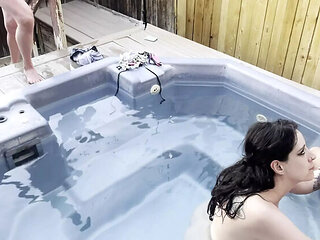 Big Dick Cleaner Fucks 2 Girls in Hot Tub - FFM Threesome & Cum on Faces