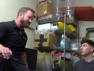 Muscular security guard accuses the lad of shoplifting