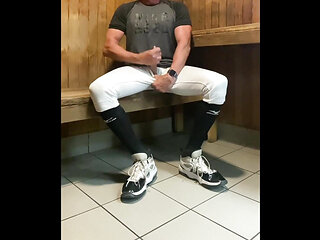 Buff Jacked Jockdad87 Edges in Baseball Gear in the Sauna