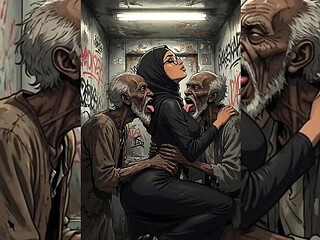 Hijabi Muslim Babe Gangbanged & Degraded by Ugly Old Bastards in Tight Space - Hijabi Series Part 3