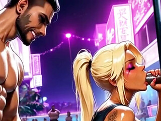 Young Blonde Slut Likes Double Penetration with Big-dicked Dark-haired Guys.