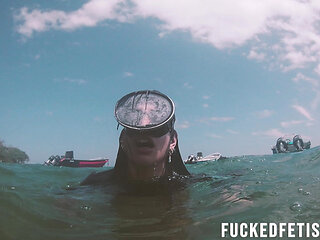 Free Diving Fins Under Open Sea Sexy Latina Goddess
