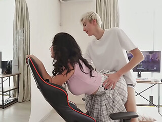 Caught By Step Dad! Busty Stepsister Fuckes with Stepbro During Call &amp_ Gets DVP Double, Cum &amp_ Creampie
