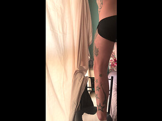 Dick slips out of sports nylon shorts