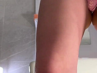 Big Ass Blonde Beauty Takes off Her Panties Braless in the Bathroom Flashes Her Tight Shaved Pussy