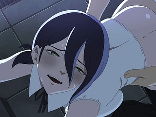 Reze rides him in reverse cowgirl position.