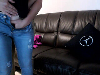 Amateur jeans and wet black panties playing